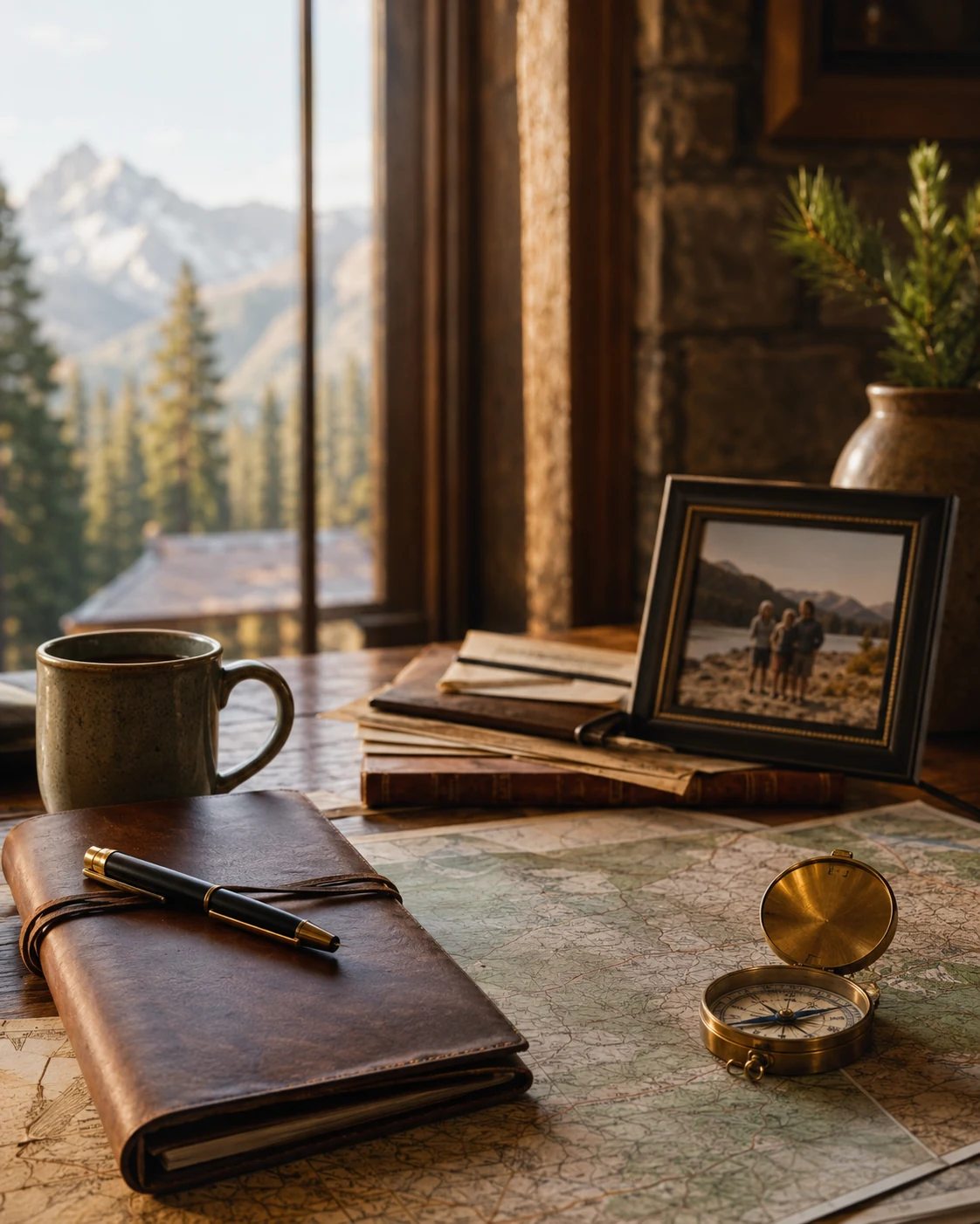 Leather journal, map, and brass compass beside a warm lodge window.